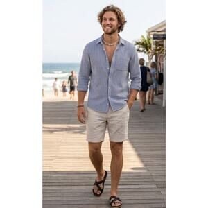 Porter & Ash Men’s Linen Shorts Size 34 Beige Khaki Summer Casual Flat Front